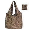 A brown leopard print tote bag with a drawstring closure and a matching square pouch.