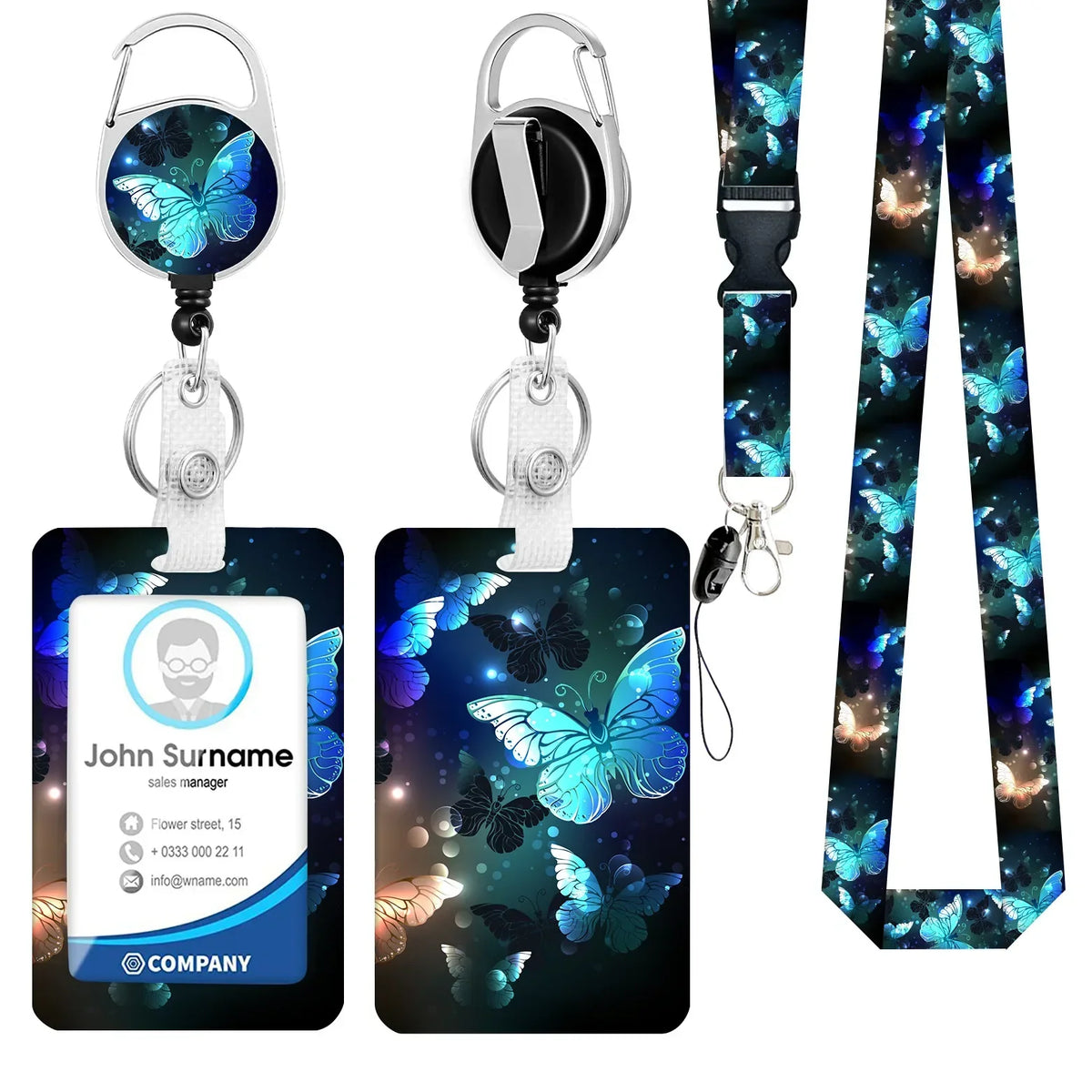 A set of silver badge reels with butterfly charms and black neck straps displayed against a dark background.