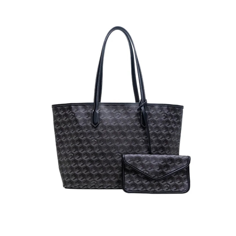 A black geometric 2-in-1 tote bag set featuring a large tote and a smaller pouch.