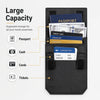 A black slim anti-theft belt wallet organized with slots for passport, credit cards, boarding passes, and tickets.