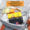 Insulated double-layer lunch bag showing various food items and a yellow and black insulated container.