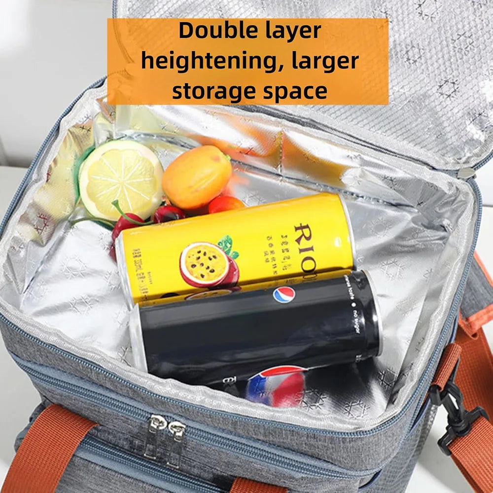 Insulated double-layer lunch bag showing various food items and a yellow and black insulated container.