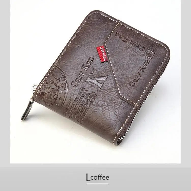 A dark brown men's PU waxed oil leather bifold wallet with stitching and embossed lettering.