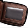 A brown vintage PU leather wallet with a zippered closure and a clear card holder window.