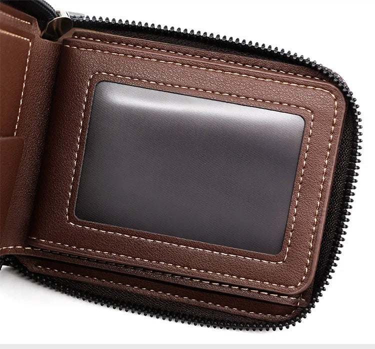 A brown vintage PU leather wallet with a zippered closure and a clear card holder window.