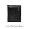 Black bifold wallet with a carbon fiber pattern and a zippered compartment.