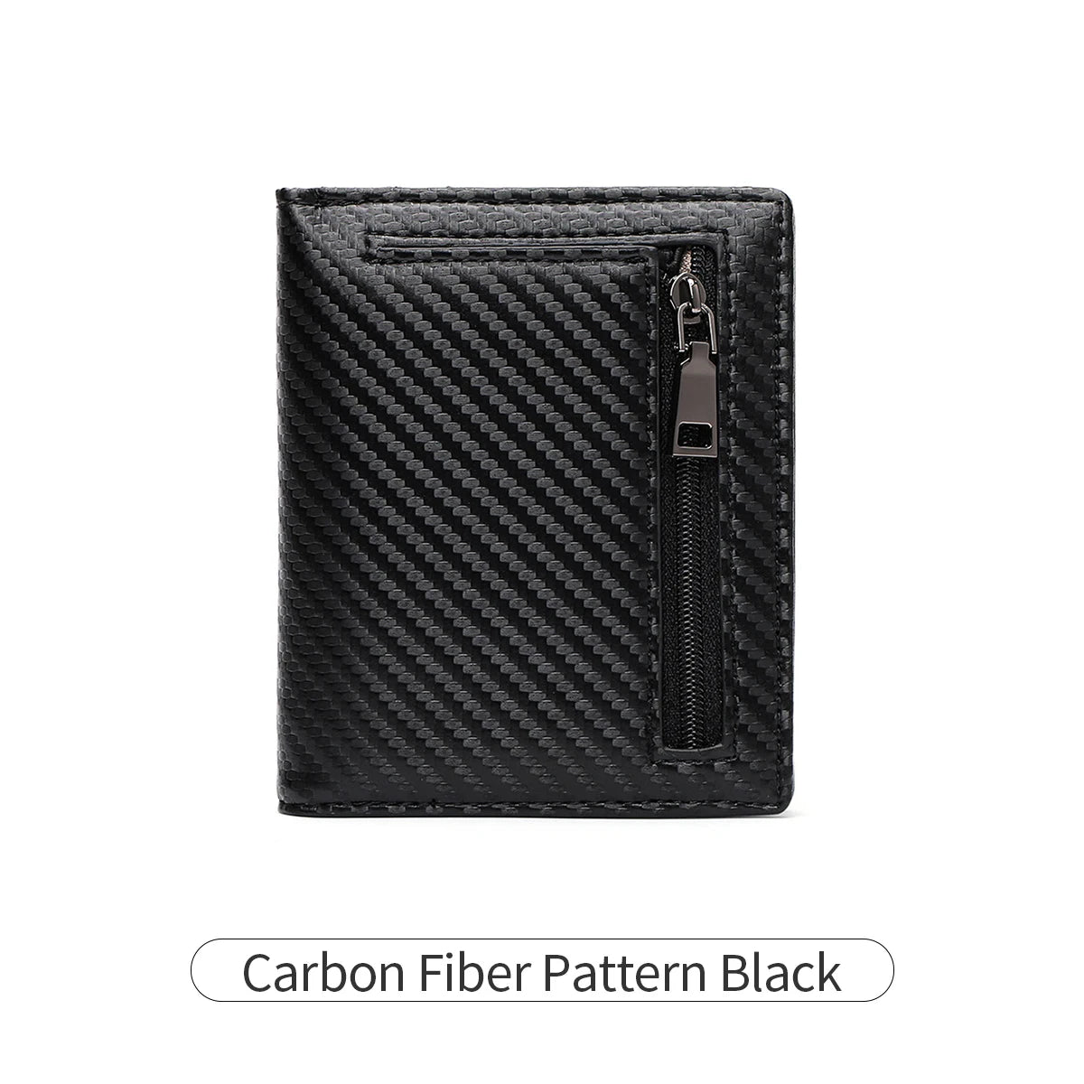 Black bifold wallet with a carbon fiber pattern and a zippered compartment.