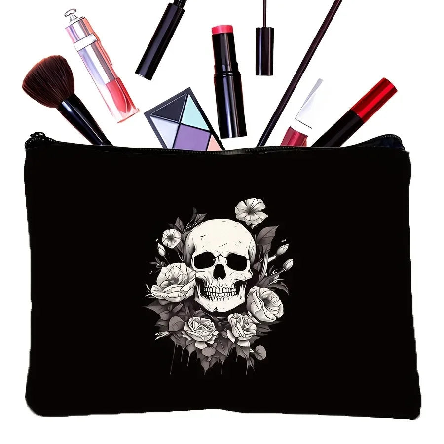 Black makeup pouch featuring a detailed skull and rose design with various cosmetic bottles.