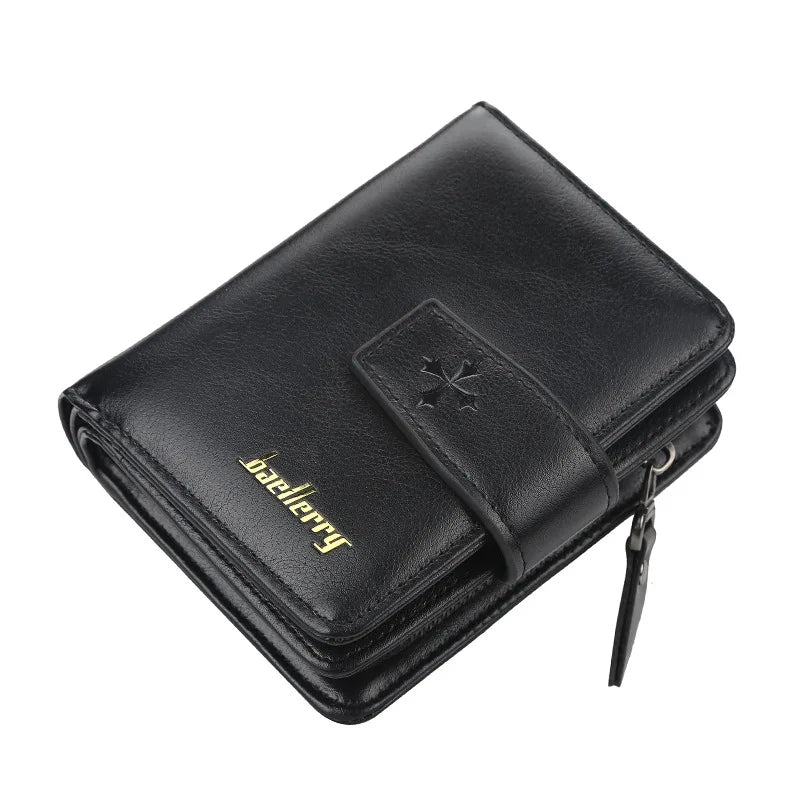 Black PU leather men's card holder wallet with gold lettering and a leather strap detail