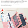 A pink fashion passport wallet is shown with RFID protection features and dimensions next to a smartphone.