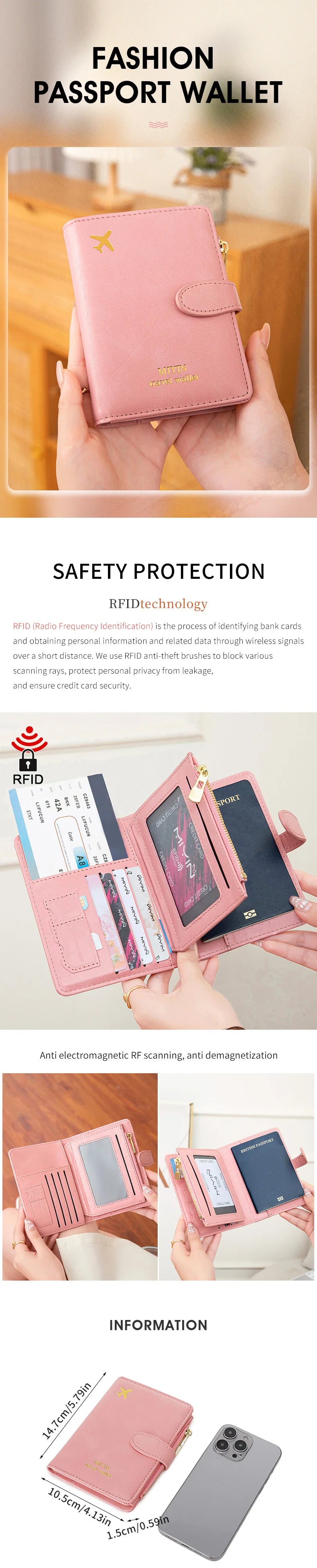 A pink fashion passport wallet is shown with RFID protection features and dimensions next to a smartphone.