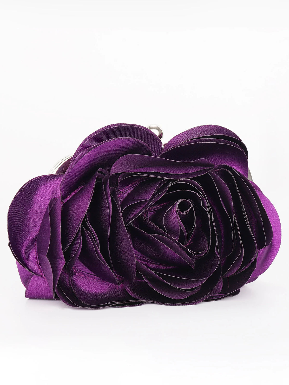 A deep purple velvet rose floral evening clutch bag with a silver chain strap.
