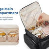 A black travel organizer bag is open, showing a large main compartment and six slip pockets for added organization.