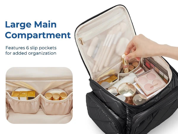 A black travel organizer bag is open, showing a large main compartment and six slip pockets for added organization.