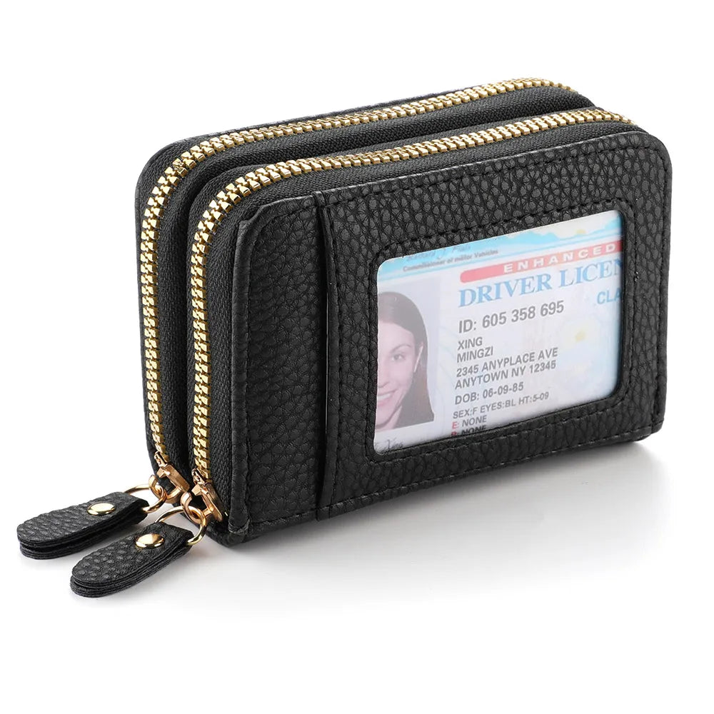 Black PU leather multi-slot card and ID wallet with gold zipper and leather strap