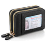 Black mini wallet with gold zipper and leather tags featuring an enhanced driver license card.