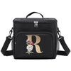 Black insulated canvas lunch bag with a gold initial R and dual handles