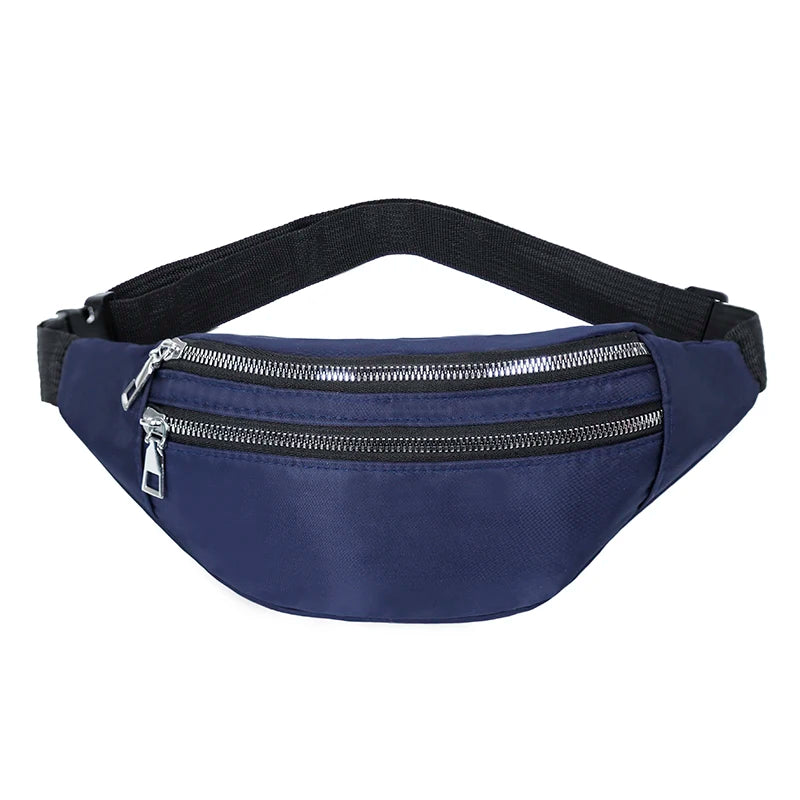 Navy blue nylon crossbody sling bag with black adjustable strap and silver zipper.