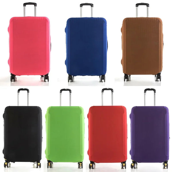 A row of five luggage protectors in various colors including pink, blue, brown, black, and purple.