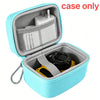 A light blue hard shell camera travel case open, showing a black camera and a mesh accessory tray.