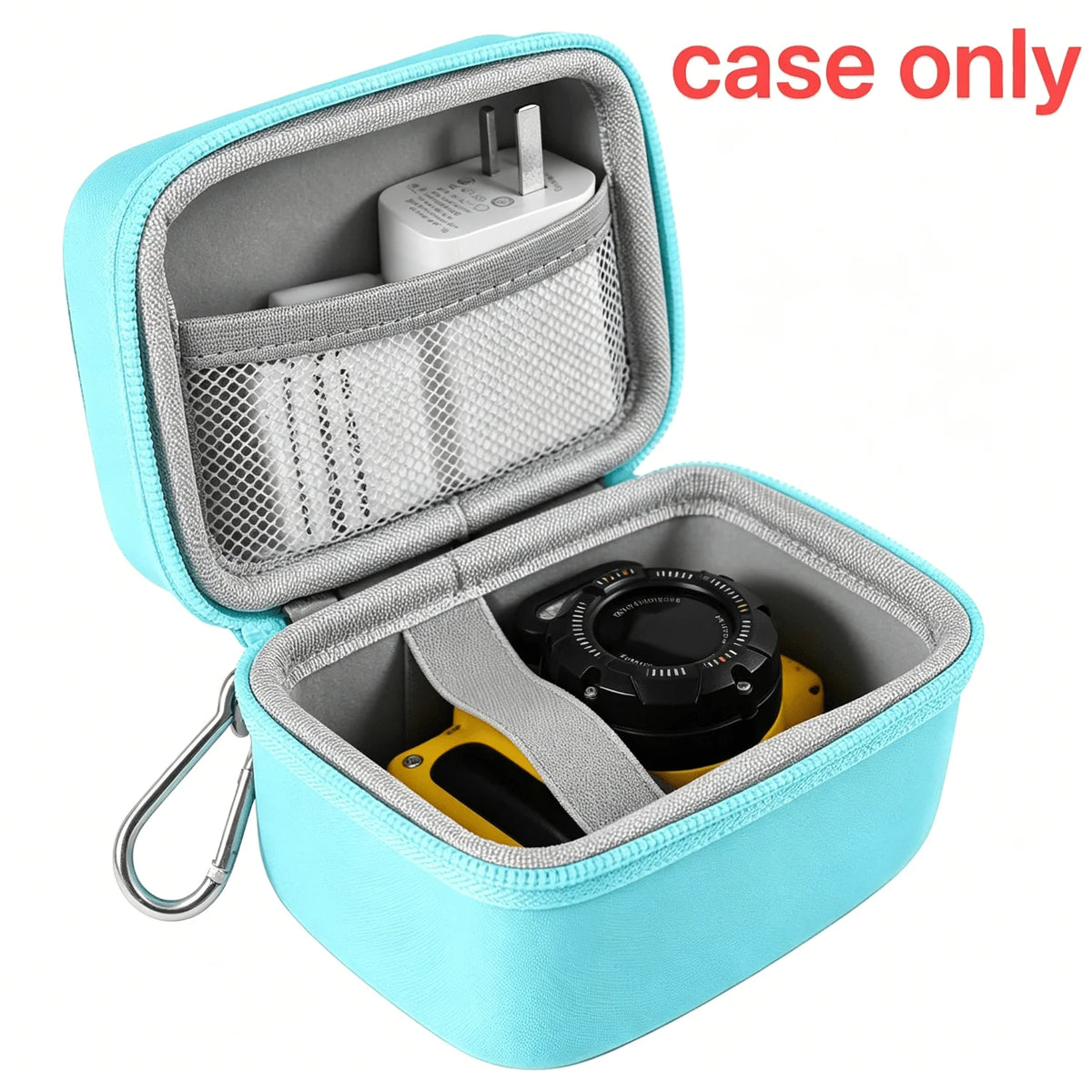 A light blue hard shell camera travel case open, showing a black camera and a mesh accessory tray.