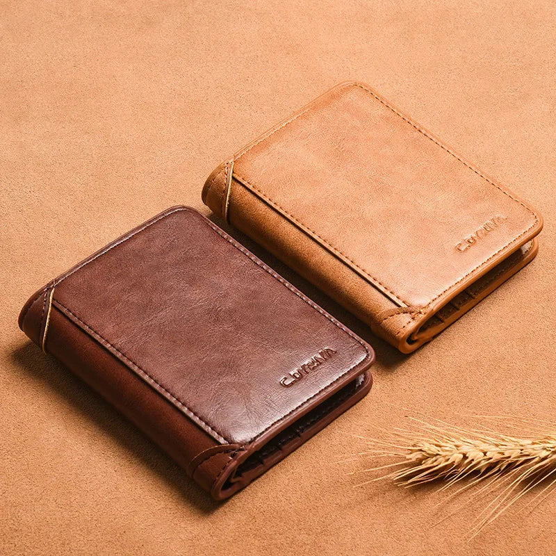 A brown luxury PU leather men's wallet resting on a tan background next to a wheat stalk.