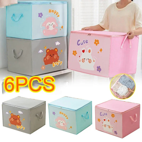 Six reusable fabric storage boxes in pink, blue, and gray for clothing or craft supplies