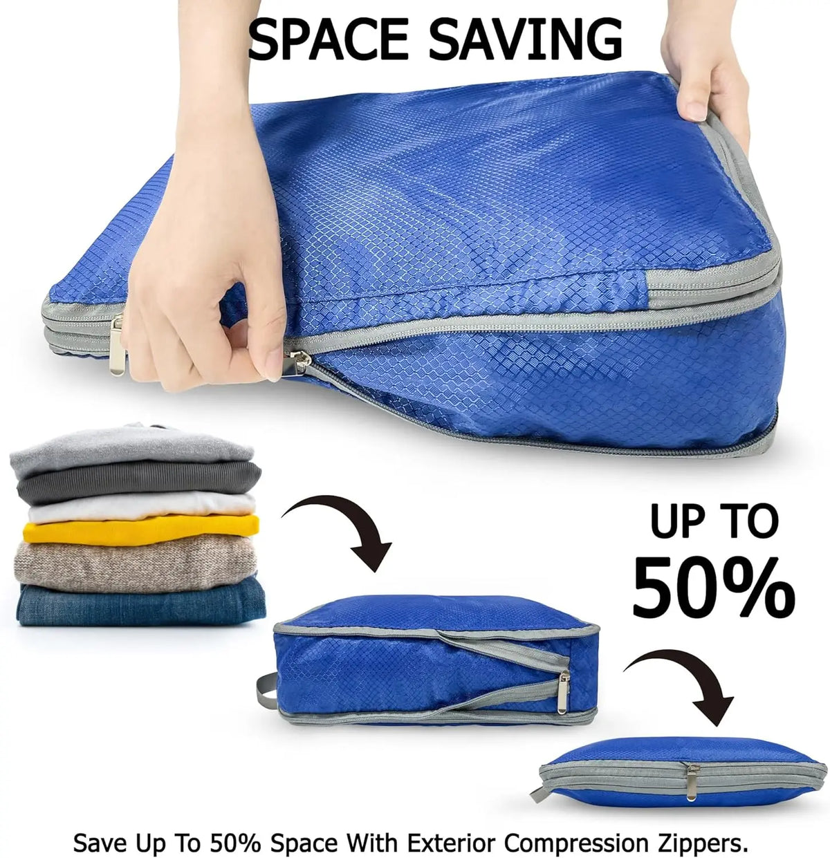 A hand is shown compressing a blue reusable packing cube, demonstrating space-saving features.