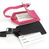 Pink PU leather luggage tag with a strap and a black leather tag featuring blank lines for name phone and address