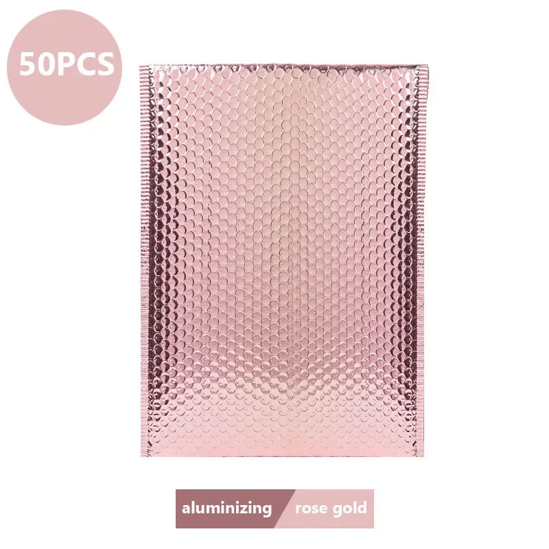 50 pieces of pink aluminumized rose gold holographic bubble mailers with self-seal closure