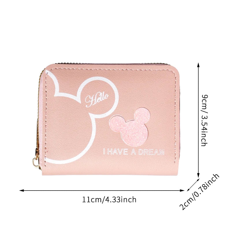 A pink Hello Disney Mickey Mouse cartoon mini zipper coin purse with a glitter finish.