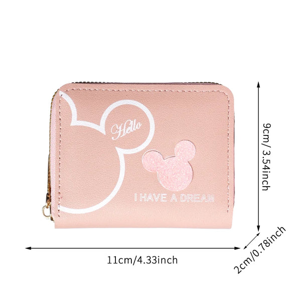 A pink Hello Disney Mickey Mouse cartoon mini zipper coin purse with a glitter finish.