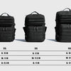Three black tactical backpacks shown side-by-side with dimensions listed.