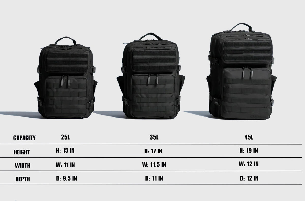 Three black tactical backpacks shown side-by-side with dimensions listed.