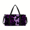 Purple duffle bag with a butterfly print and black strap