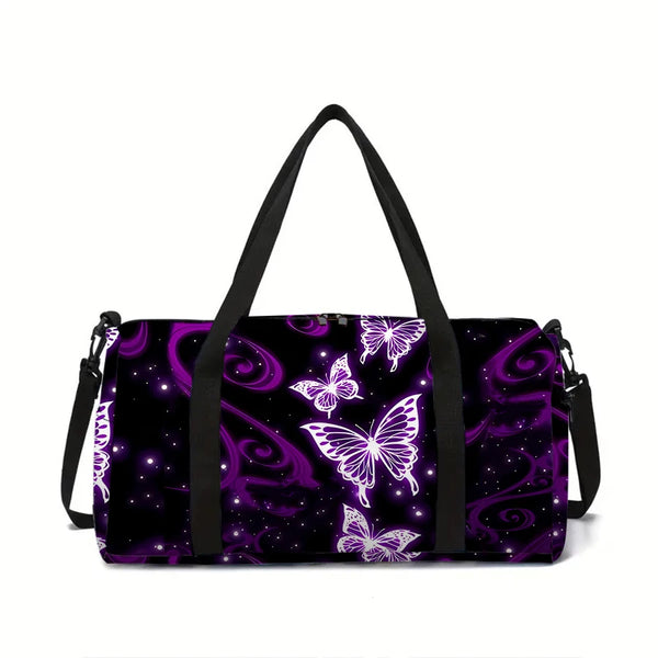 Purple duffle bag with a butterfly print and black strap