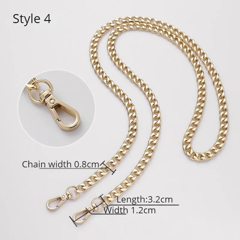 A close-up view of a gold chain strap for handbags and crossbody bags, showing the chain width and length.
