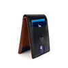 A black slim genuine leather wallet with a brown accent, featuring RFID blocking technology and card slots.