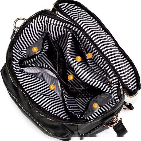 Mochila para pañales de gran capacidad a rayas negras para mujer, vista abierta