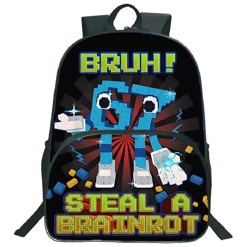 A black backpack featuring a graphic design with the text BRUH! and STEAL A BRAINROT