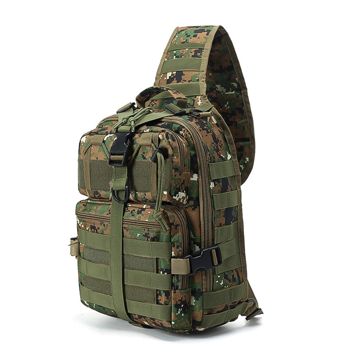 A camouflage green multi-compartment crossbody and chest bag.