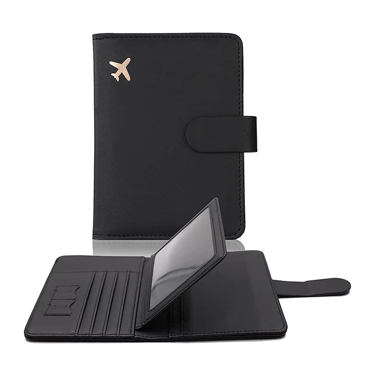 A black PU leather passport holder with credit card slots and a flap closure.
