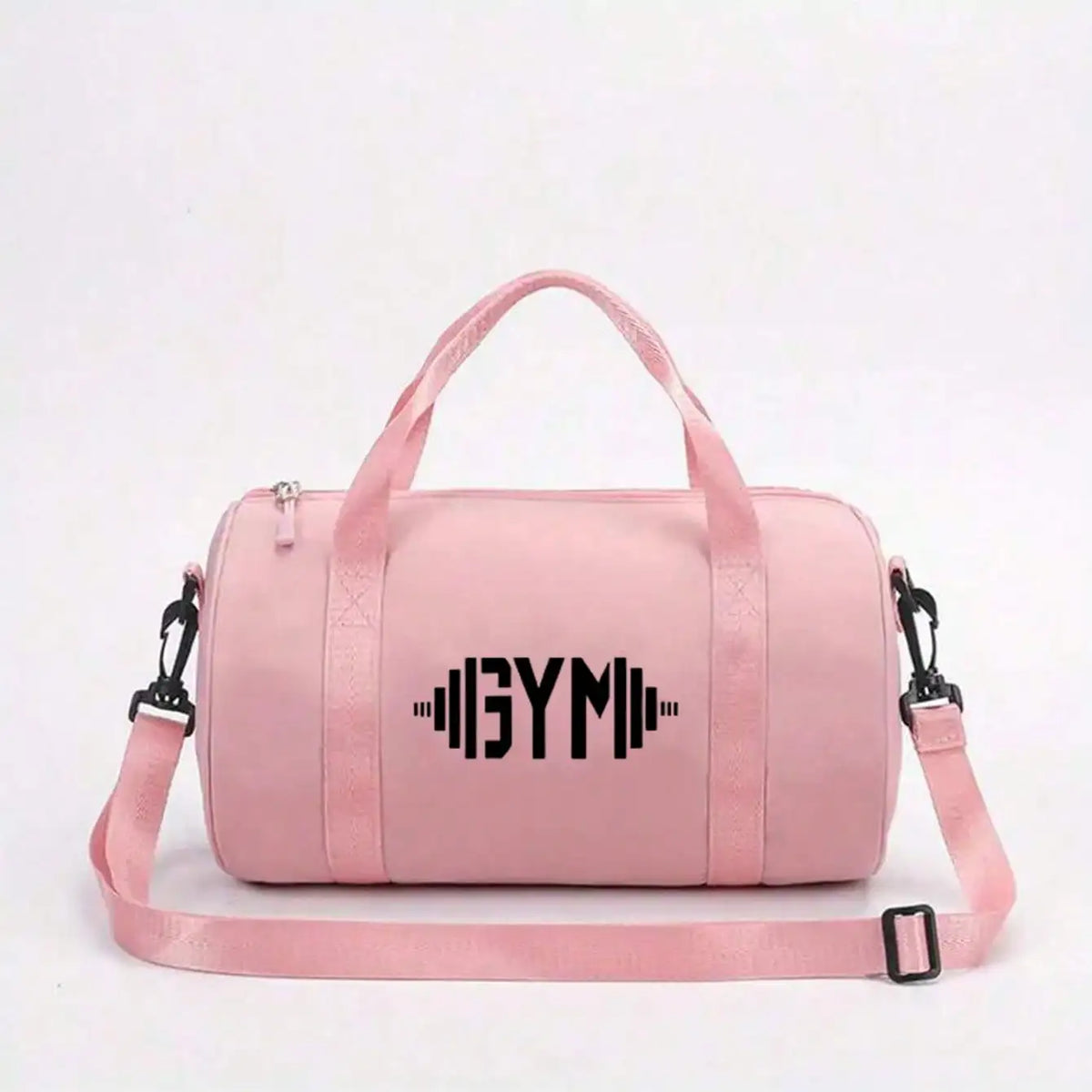 Sac cosmétique ou de sport rose avec l'inscription GYM en noir.