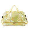 A lime green iridescent nylon travel bag with light yellow straps.