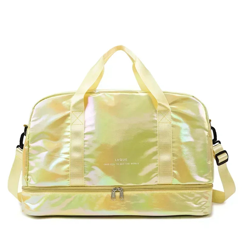A lime green iridescent nylon travel bag with light yellow straps.