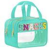 A teal clear makeup bag featuring a sparkly letter and waterproof design.