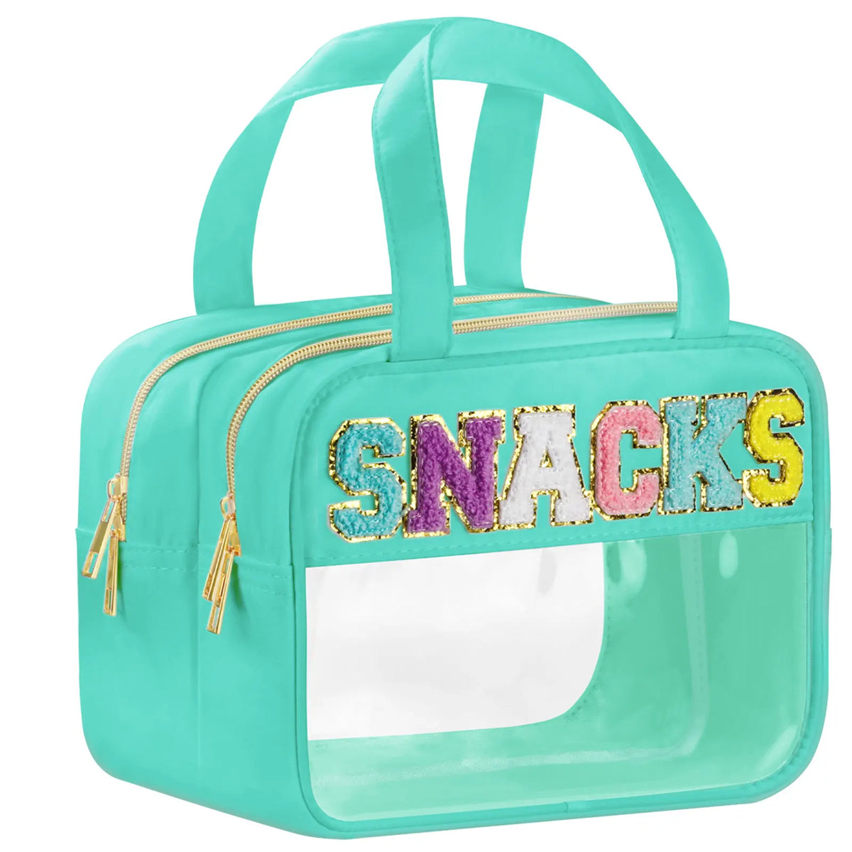 A teal clear makeup bag featuring a sparkly letter and waterproof design.