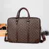 A brown luxury PU leather business briefcase with a checkered pattern and leather handles.