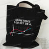 Black canvas tote bag featuring a line graph with a curve and a dot on a white background.