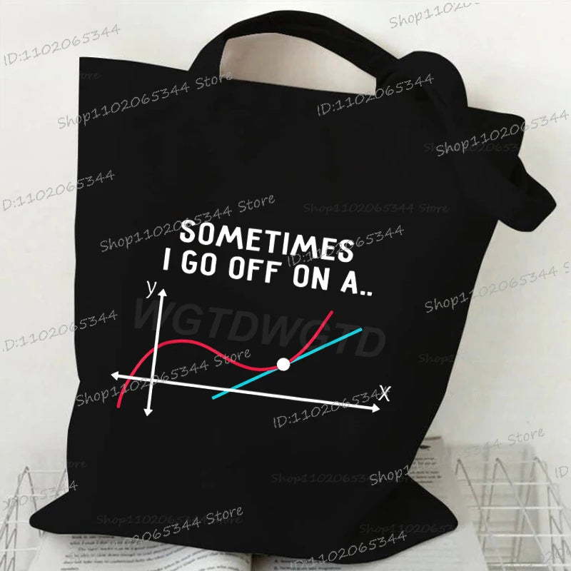 Black canvas tote bag featuring a line graph with a curve and a dot on a white background.
